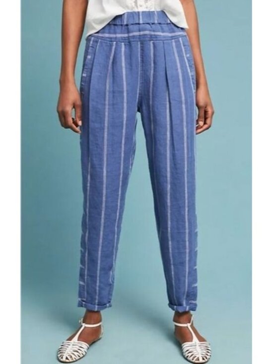 Anthropologie Pants - Anthropologie Linen Pants Striped Blue White Pull On Elastic Waist Pockets S